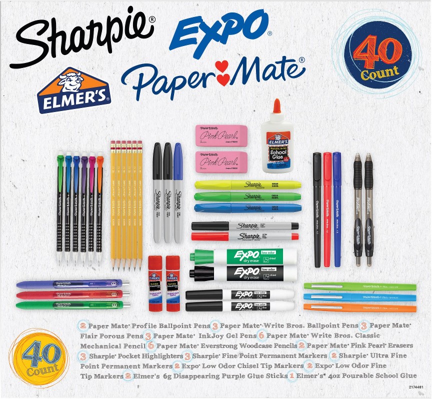 All in One School Essentials Pack Featuring Pens, Pencils, Glue, Dry Erase Markers and Erasers