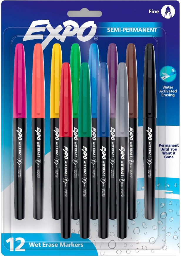 Wet Erase Markers, Semi-Permanent Markers, Assorted, Fine Tip, 12 ct.