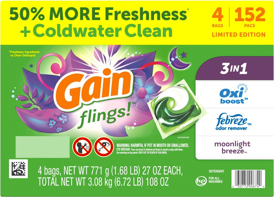 Flings Liquid Laundry Detergent Soap Pacs, 152 ct. - Moonlight Breeze Scent