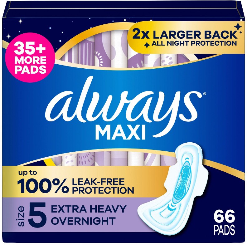 Maxi Overnight Pads with Wings for Women, Size 5, Extra Heavy Overnight Absorbency, 66 ct.