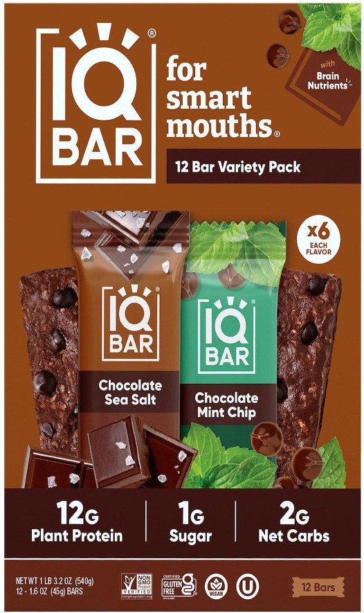 IQBAR Plant Protein Bars, Chocolate Sea Salt, Chocolate Mint Chip, Variety Pack, 12 ct./1.6 oz.