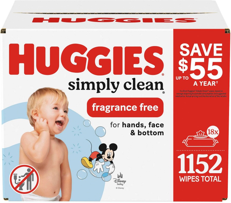 Simply Clean Unscented Baby Wipes, 18 Flip-Top Packs (1152 Wipes Total)