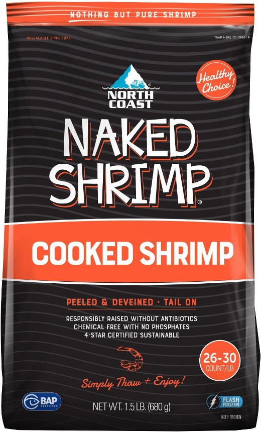 26/30 Cooked, Peeled, Deveined, Tail-On, Frozen, 1.5 lbs.