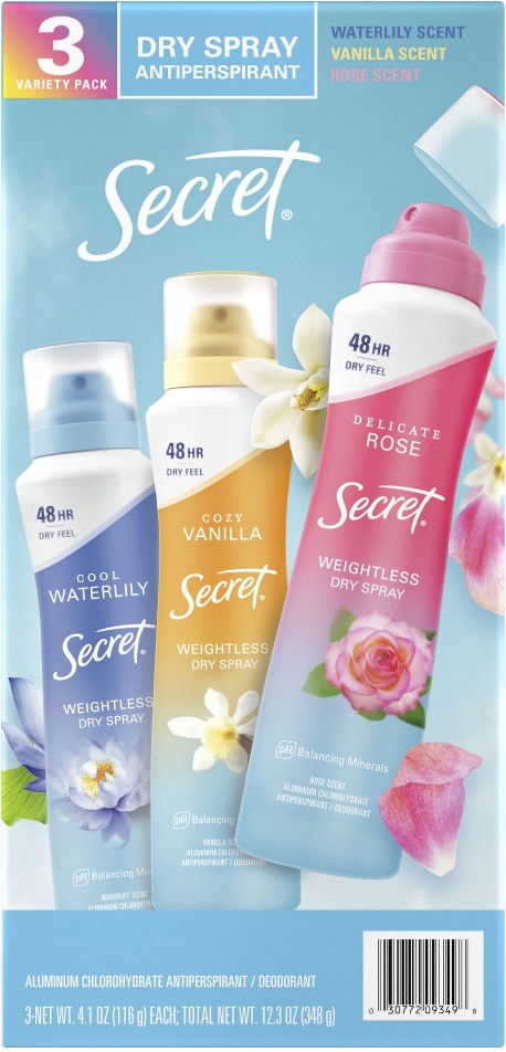 Dry Spray Antiperspirant Deodorant for Women, Vanilla, Wild Rose and Waterlily, 3 pk./4.1 oz.