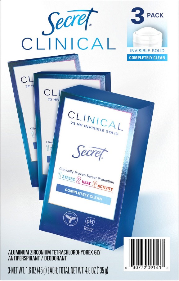 Clinical Strength Invisible Solid Antiperspirant and Deodorant - Completely Clean, 3pk./1.6 oz.