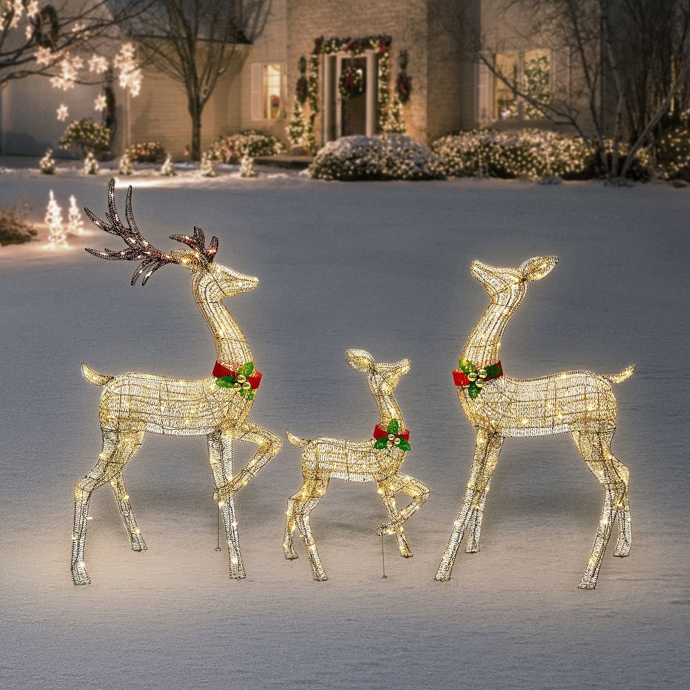 Set of 3 Pre-lit Gold Deer with Bells
