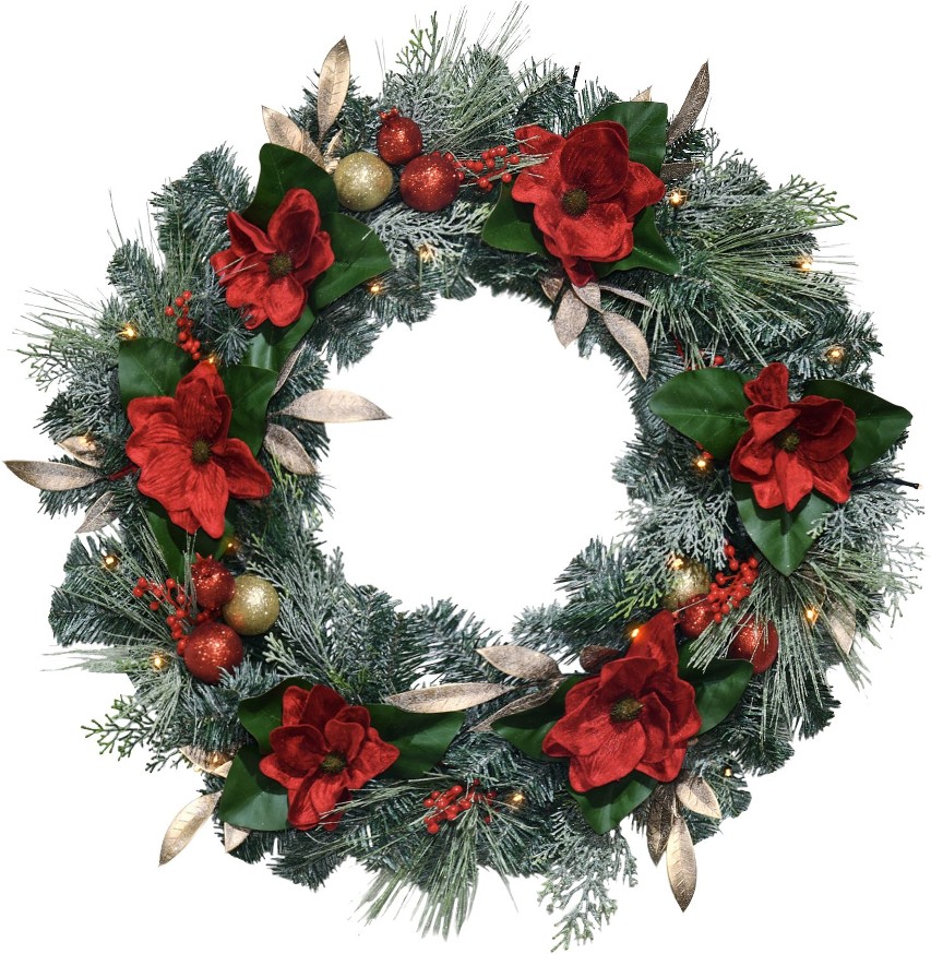 28" Red Magnolia Wreath with LED Lights