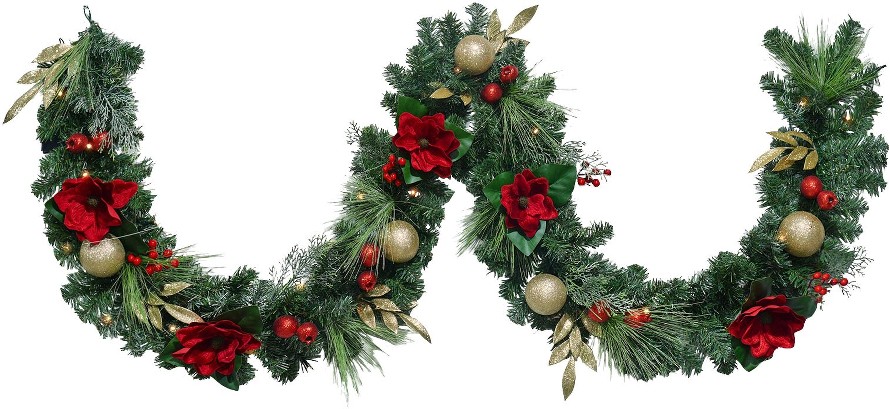 9' Red Magnolia Garland With LED Lights