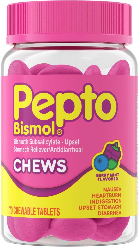 Pepto Bismol Chews, Fast and Effective Digestive Relief, Berry Mint Flavored, Chewable Tablets, 70 ct.