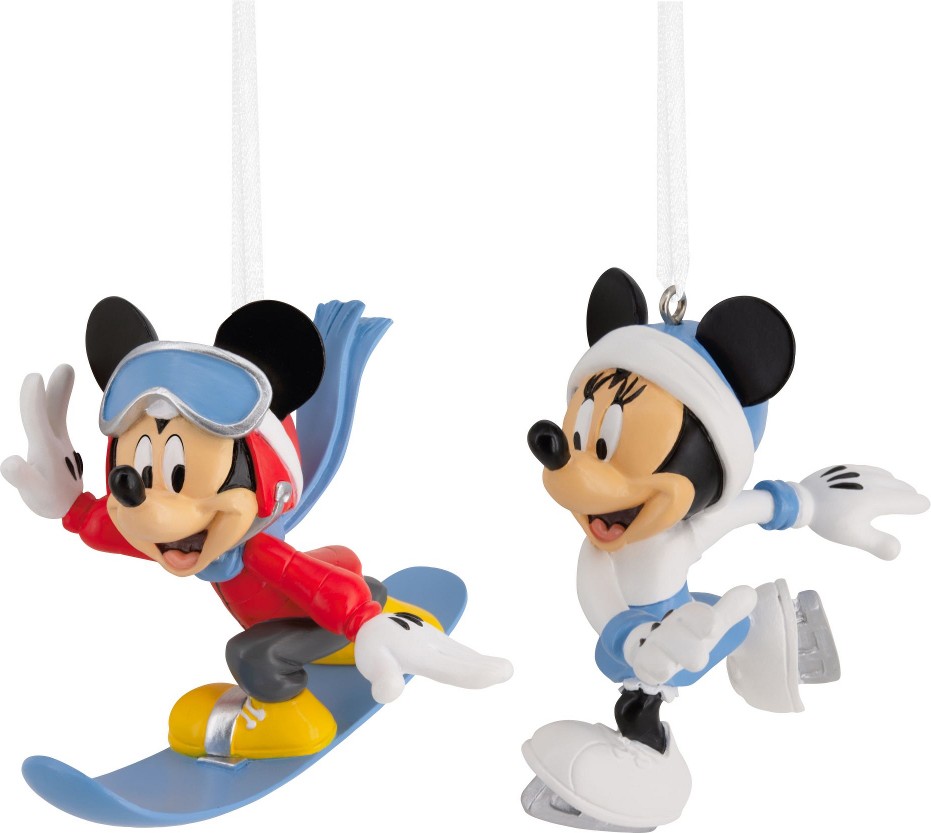 Disney Mickey and Minnie Snowboarding and Ice Skating, Set of 2 Ornaments