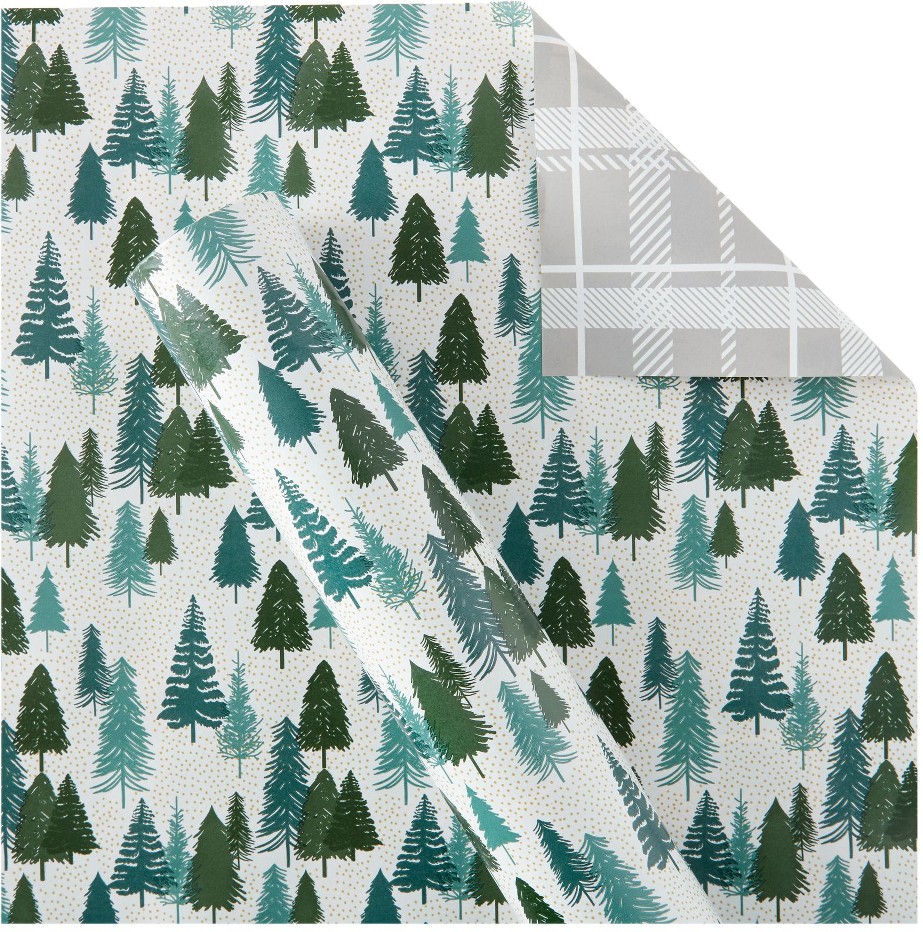 300 sq. ft. Reversible Christmas Gift Wrap, Trees and Grey Plaid