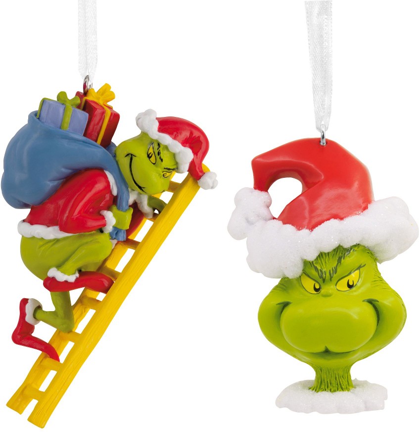 Grinch on Ladder and Grinch in Santa Hat, Set of 2 Ornaments