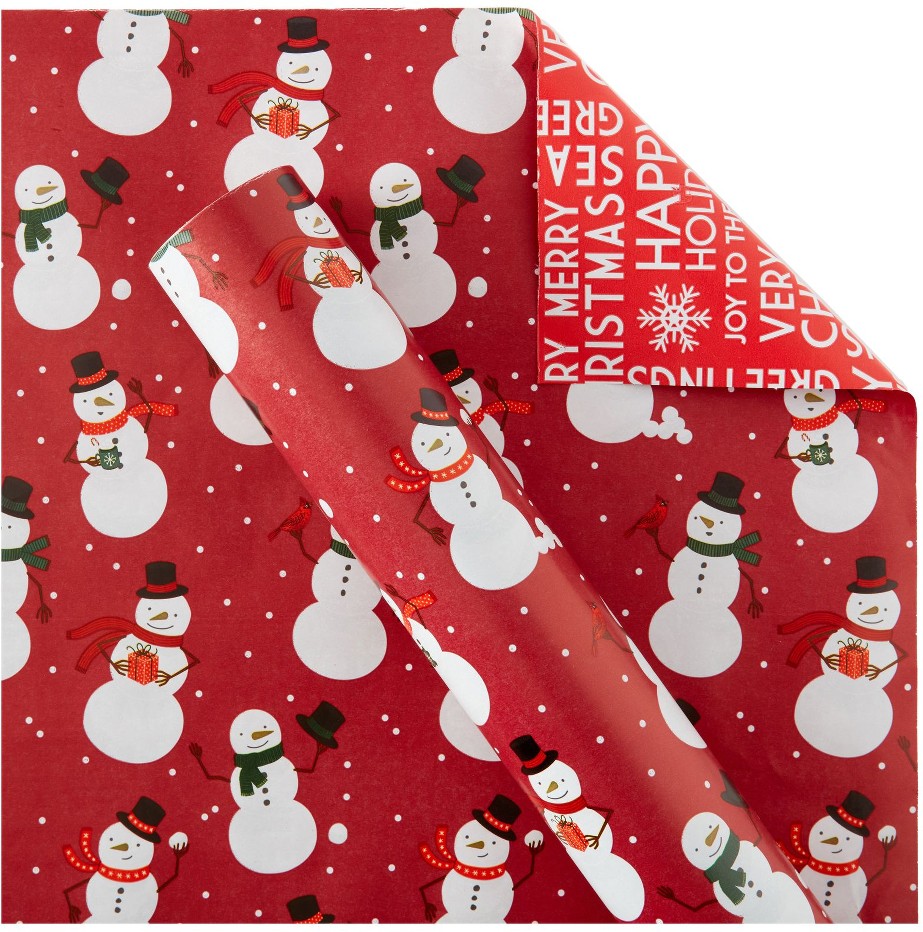 300 sq. ft. Reversible Christmas Gift Wrap, Snowman and Text