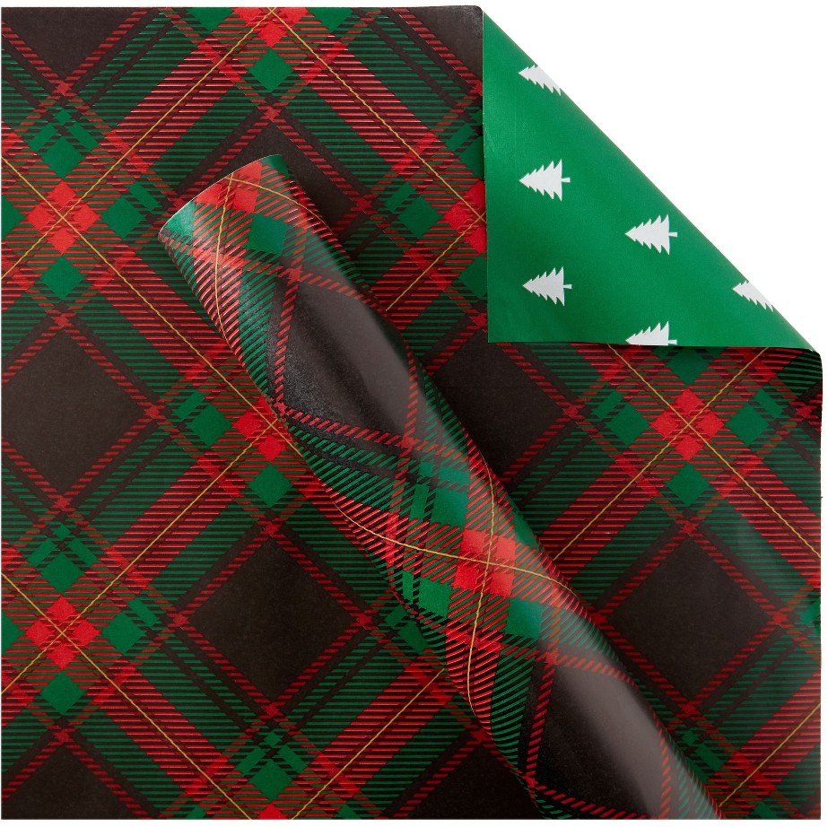 300 sq. ft. Reversible Christmas Gift Wrap, Plaid and Trees