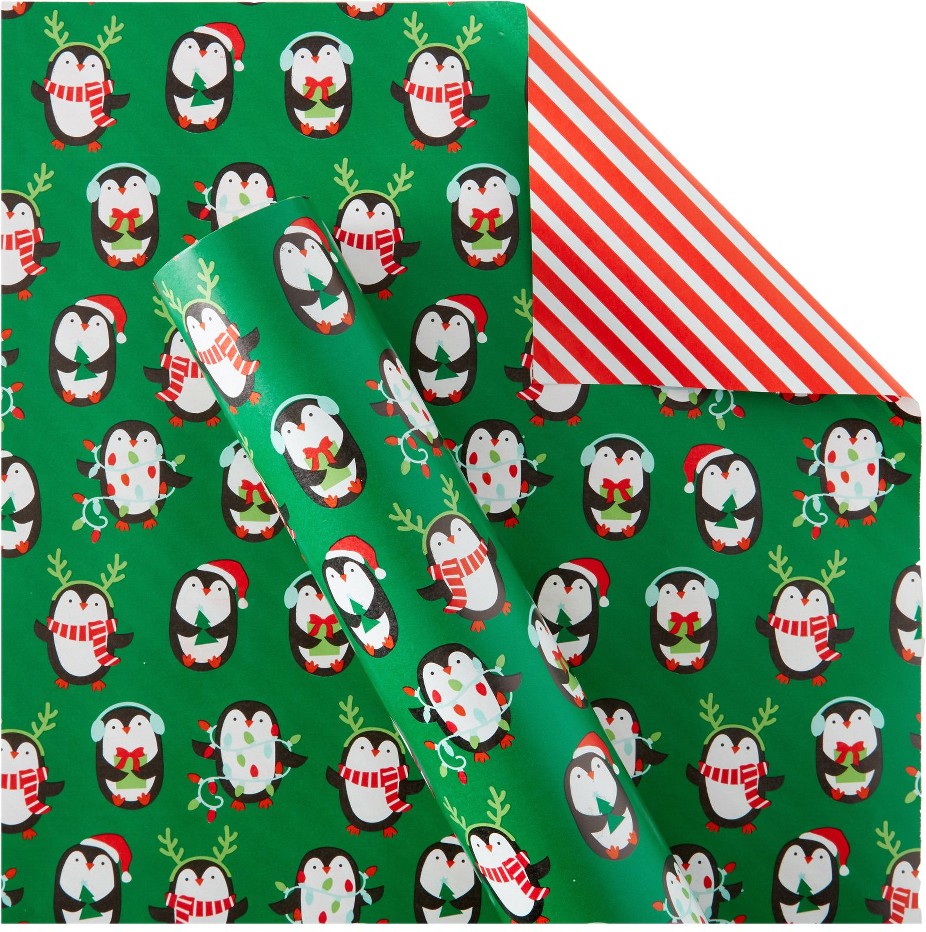 300 sq. ft. Reversible Christmas Gift Wrap, Penguin and Stripes