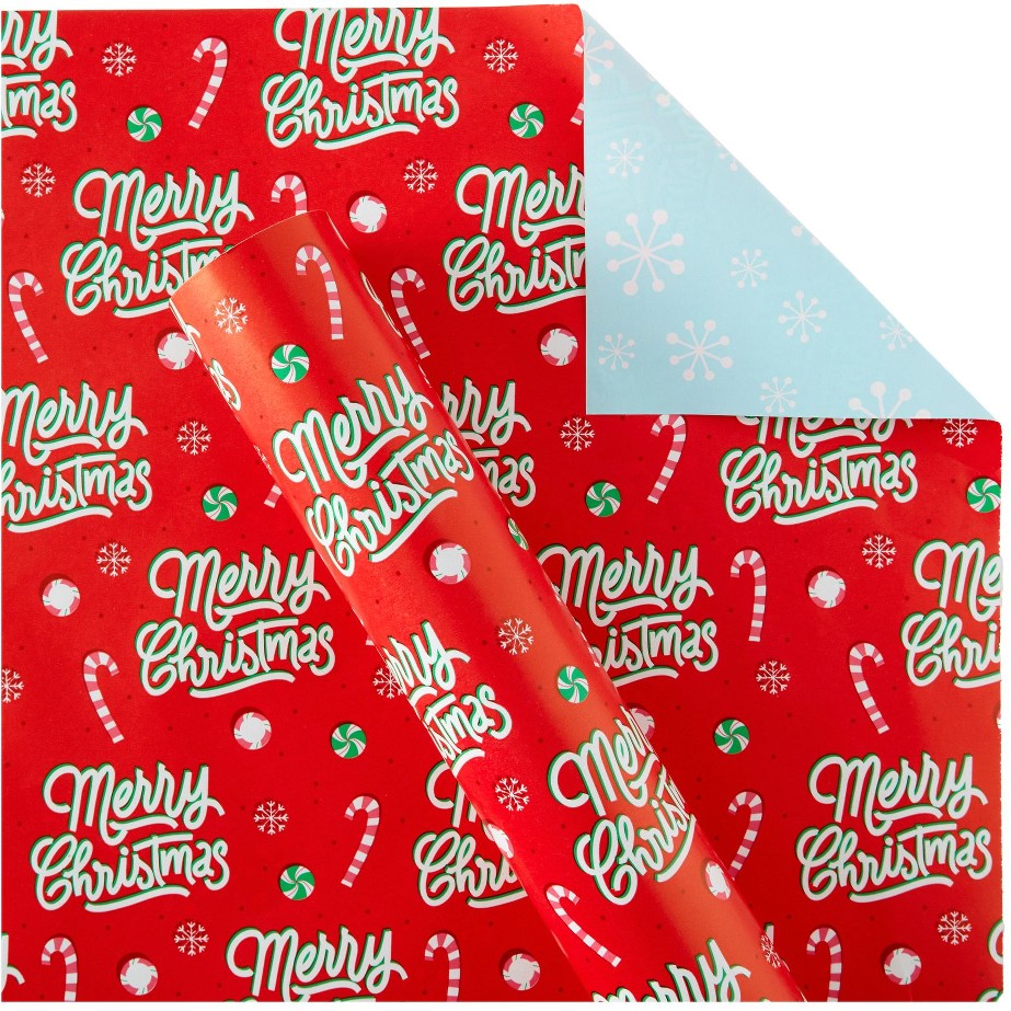 300 sq. ft. Reversible Christmas Gift Wrap, Merry and Snowflakes