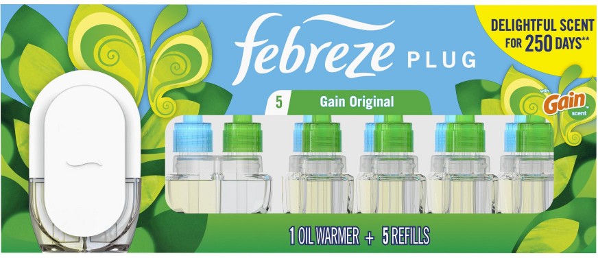 Plug In Air Freshener + Odor-Fighting Scented Oil Refill - Gain Scent, warmer + 5 refills