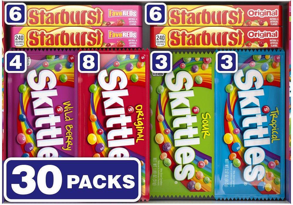 and Starburst Chewy Halloween Candy Bulk Variety Box, 30 ct.