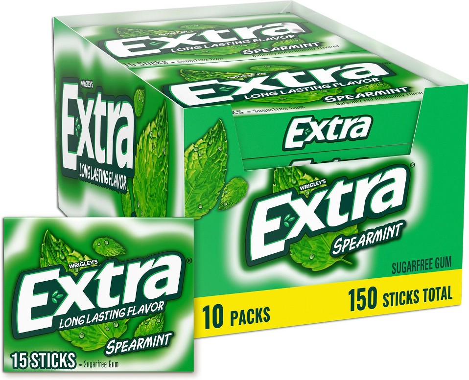 Gum Spearmint Sugar-Free Chewing Gum, 15 Pieces Per Pack, 10 pk.