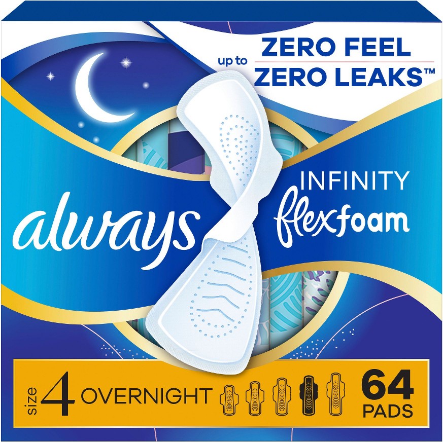 Infinity Feminine Pads for Women, Flexfoam Pads with Wings, Size 4, Unscented, 64 ct.