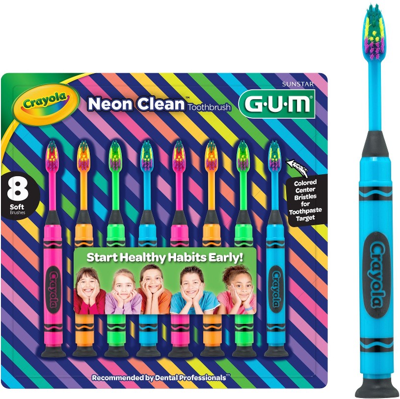 Crayola Neon Clean Children's Toothbrush, Soft Bristled Kids Toothbrush Set, Age 3+, 8 ct.