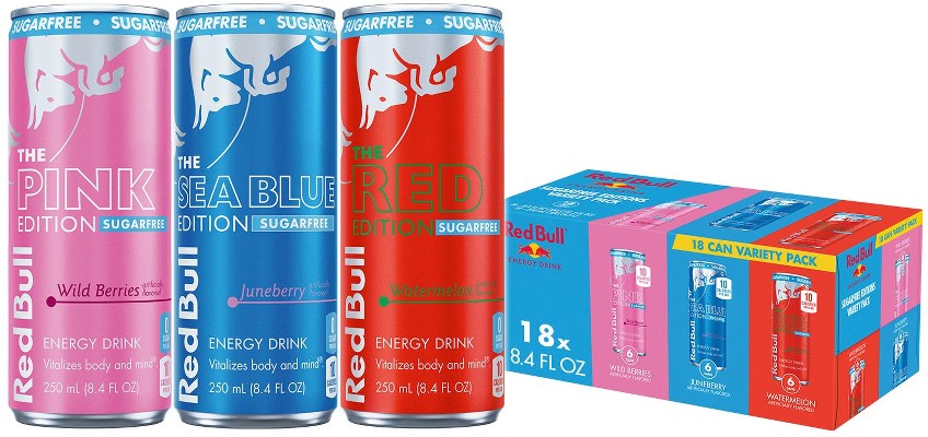 Energy Drink SugarFree Variety Pack, Red, Pink, and Sea Blue, Cans, 18 pk./8.4 fl. oz.