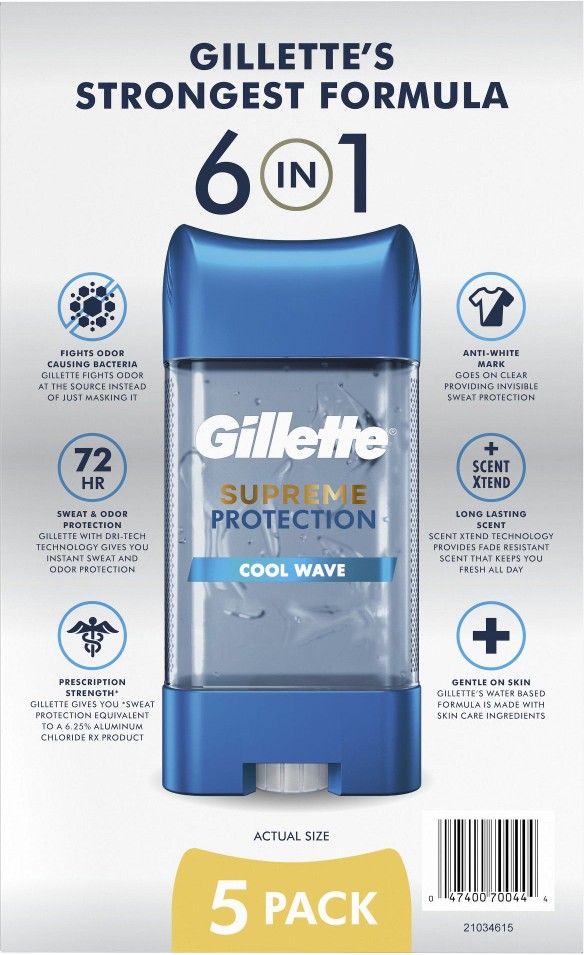 Clear Gel Antiperspirant and Deodorant for Men, Supreme Protection, Cool Wave, 5 pk./3.8 oz.