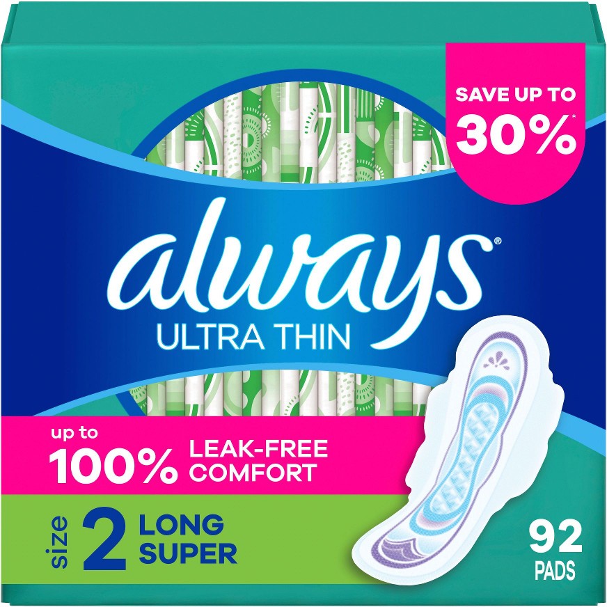 Ultra Thin Feminine Pads with Wings for Women, Size 2, Long Super Absorbency, Unscented, 92 ct.