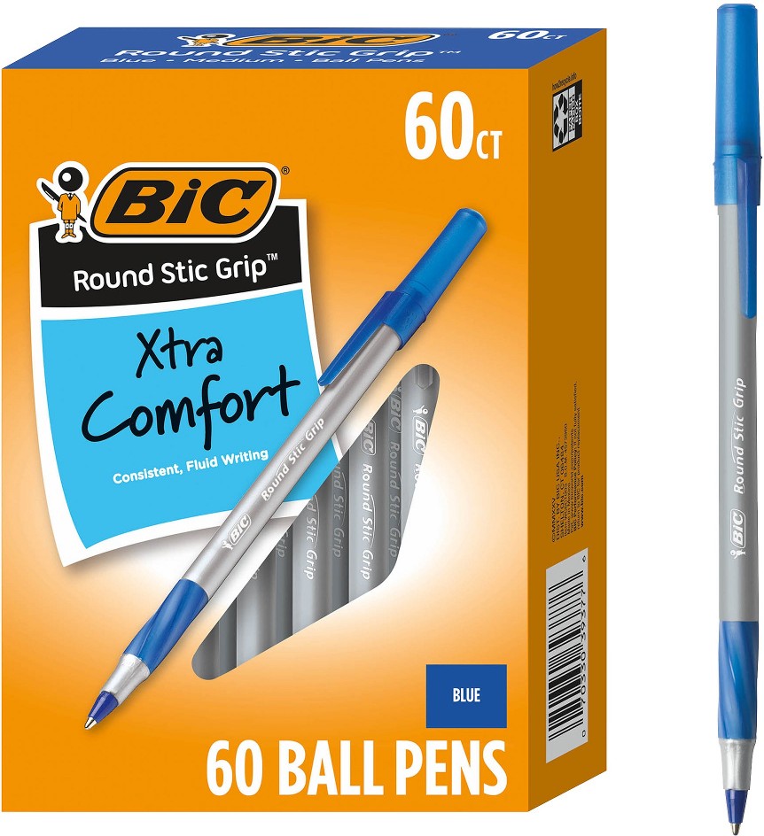 Round Stic Grip Ballpoint Pen, Medium Point, 1.2 mm, Blue Ink, 60 ct