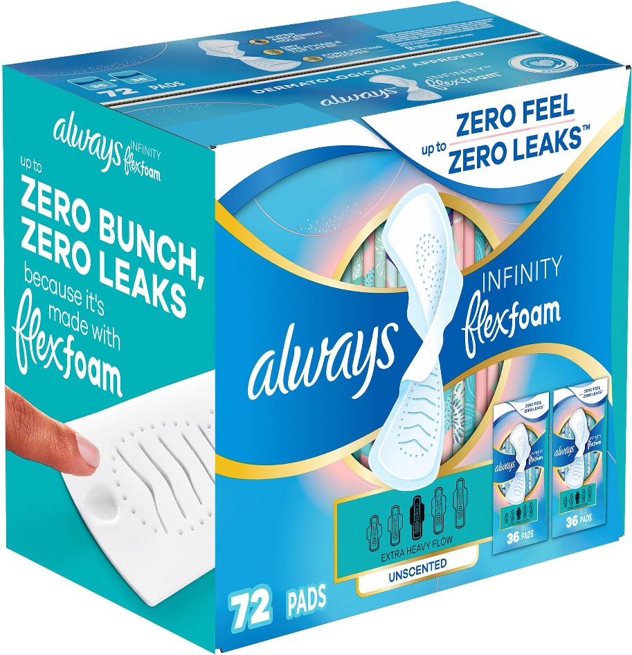 Infinity FlexFoam Extra Heavy Flow Pads with Flexi-Wings, Unscented, 72 ct