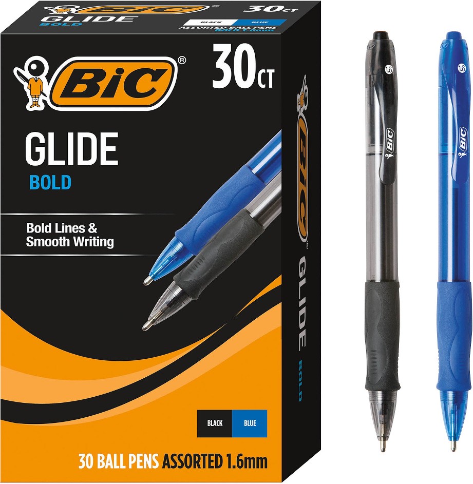Glide Bold Retractable Ball Point Pen, Bold Point 1.6mm, Black and Blue Ink, 30 ct