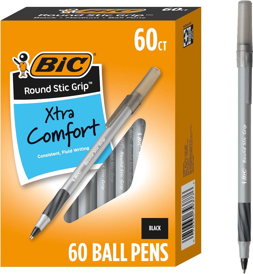 Round Stic Grip Ball Pen, Medium Point, 1.2 mm, Black Ink, 60 ct