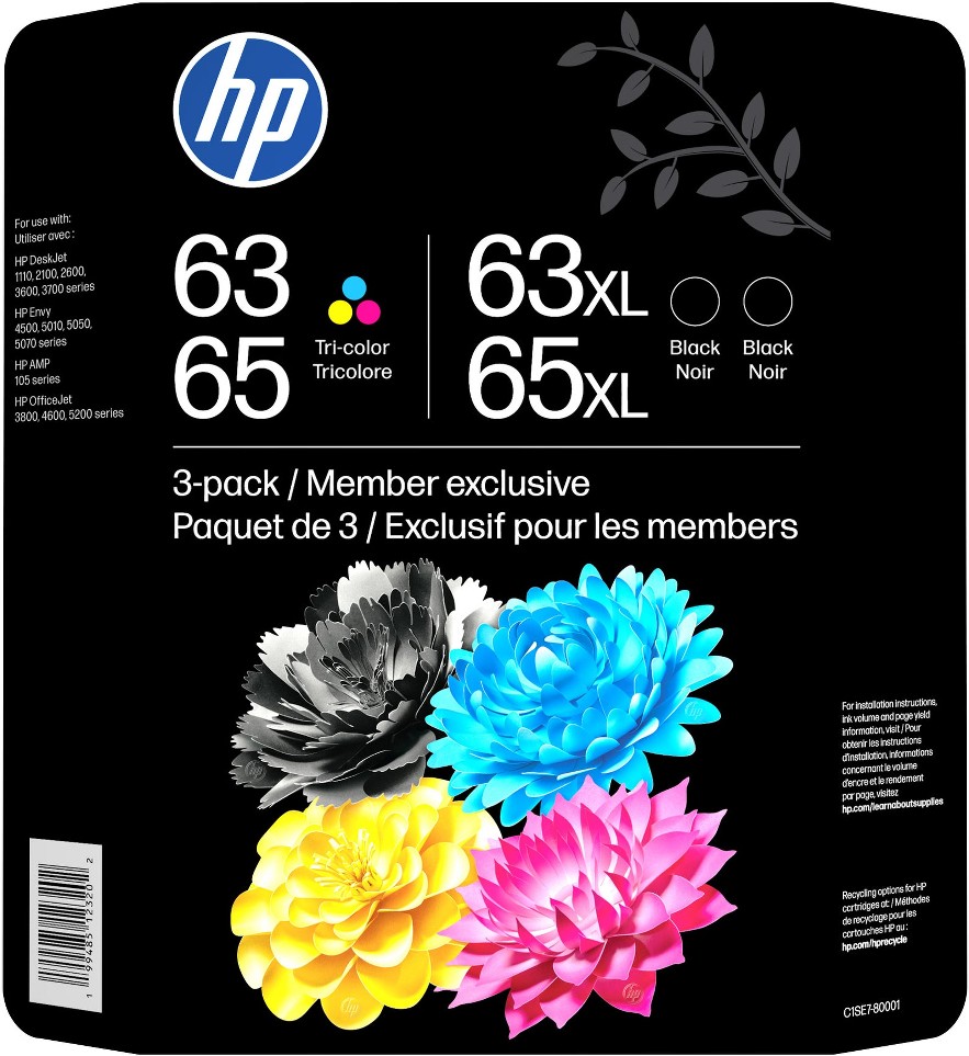 63/65 Standard Yield Tri-color, 63XL/65XL High Yield Black Ink Cartridge, 3 pk