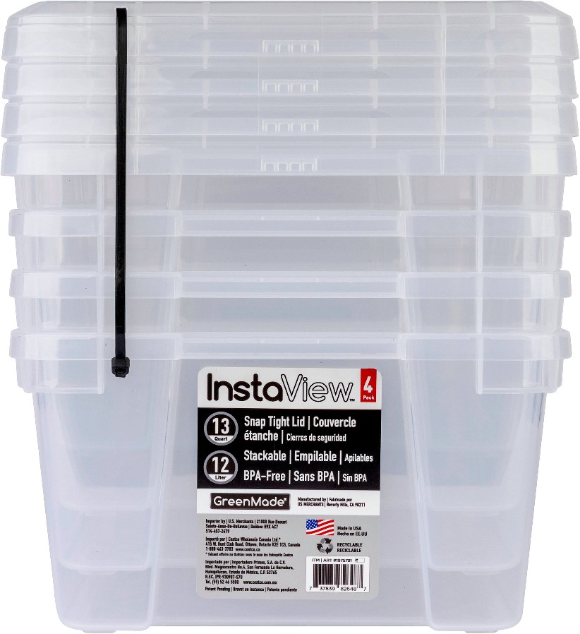 Greenmade InstaView Stackable Storage Bin, 13 Quart, Clear, 4 ct