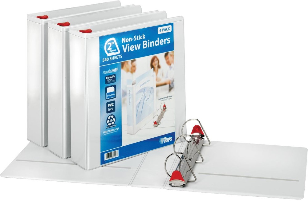 Non-Stick Locking View Binder, 2', D-Ring, White, 4 ct