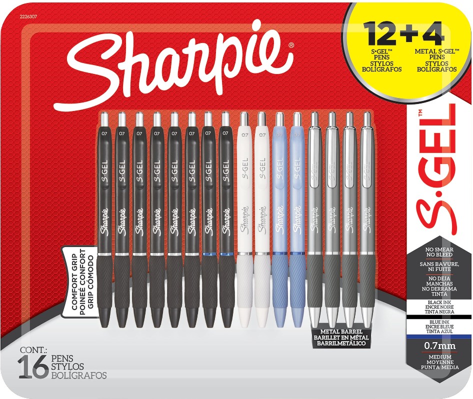 S-Gel Retractable Gel Pen, Medium Point 0.7mm, Black and Blue Ink, Assorted Colors, 16 ct