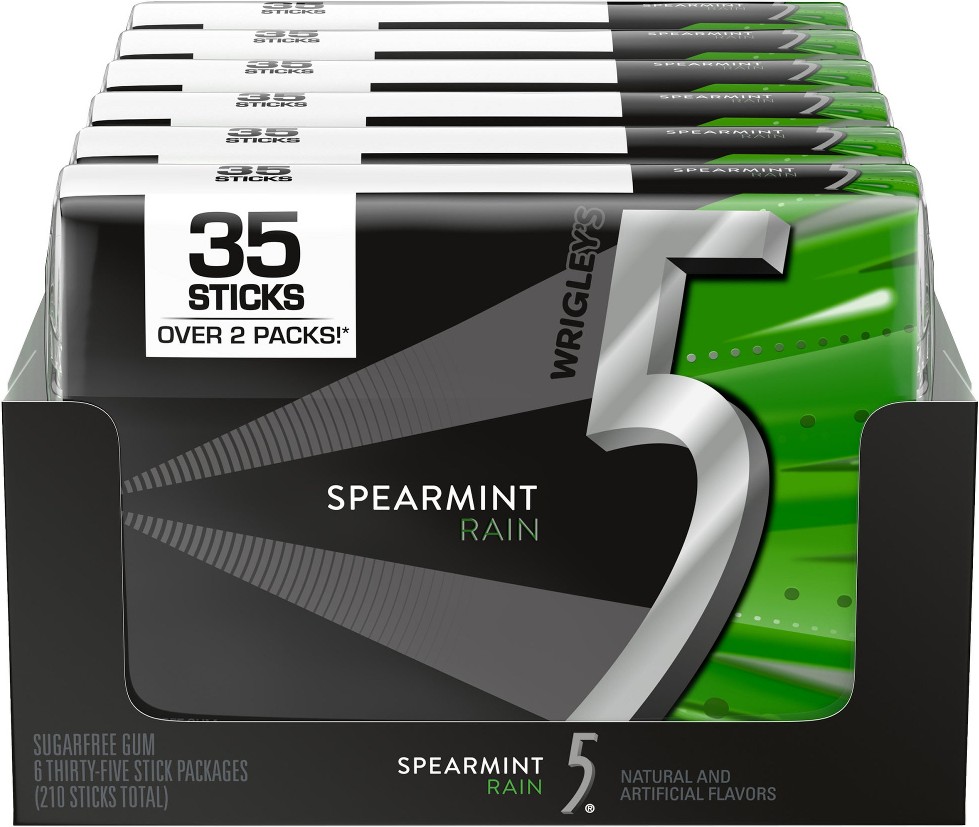 5 Gum Sugar Free Chewing Gum, Spearmint Rain, Mega Pack, 35 sticks, 6 ct
