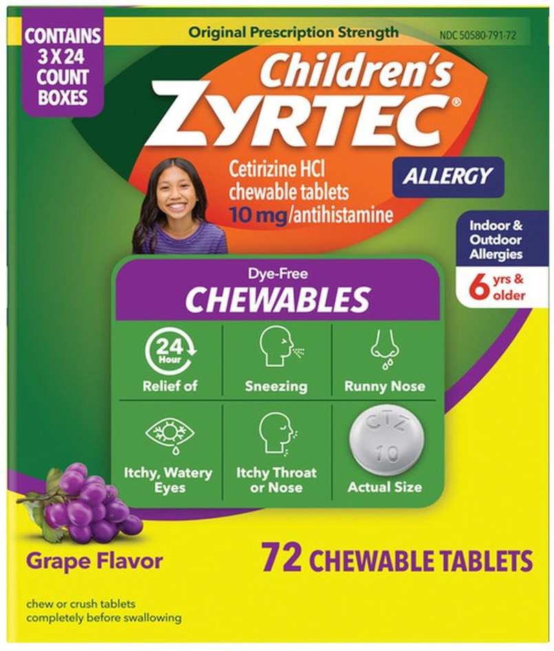 Children's Allergy Cetirizine HCl 10 mg Dye-Free Grape Flavored Chewables, 72 Tablets