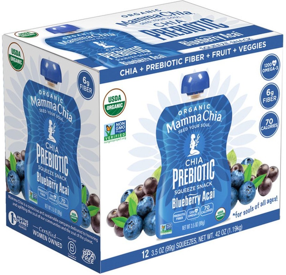 Organic Chia Prebiotic Squeeze Snack, Blueberry Acai, 3.5 oz, 12-count
