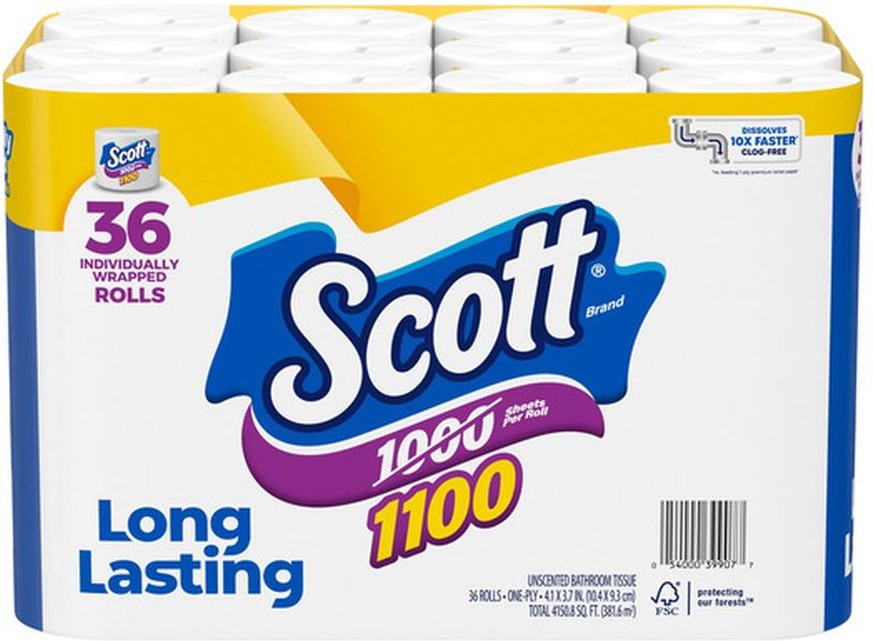 Bath Tissue, 1-Ply, 1100 Sheets, 36 Rolls