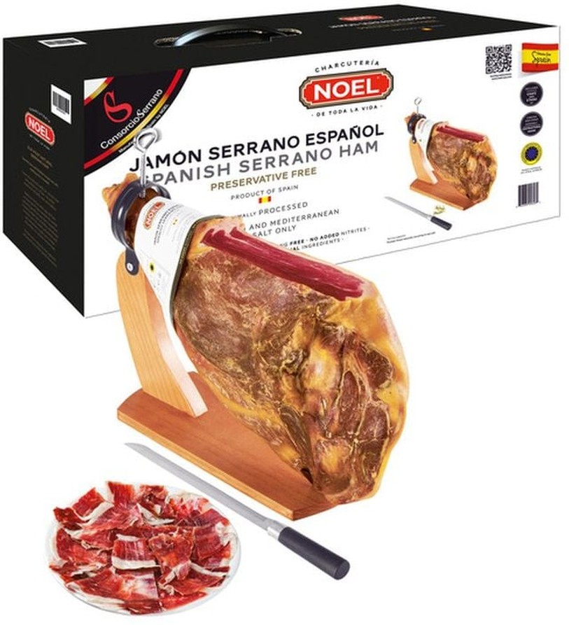 Jamon Serrano Bone-In Ham Leg with Stand & Knife, 14 lbs