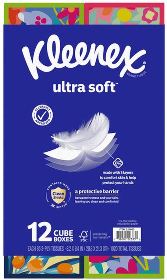 Ultra Soft Facial Tissue, 3-Ply, Upright Box, 85 Tissues, 12 ct