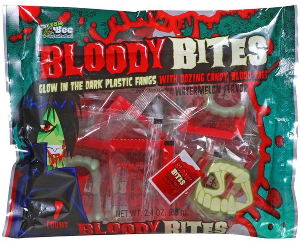Bloody Bites Glow in the Dark Plastic Fangs Candy With Oozing Watermelon Flavor