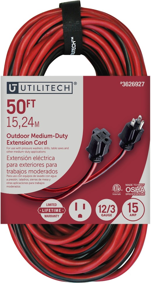 Medium duty 50-ft 12 / 3 3 Prong Red and black Indoor/Outdoor SJTW Medium Duty General Extension Cord