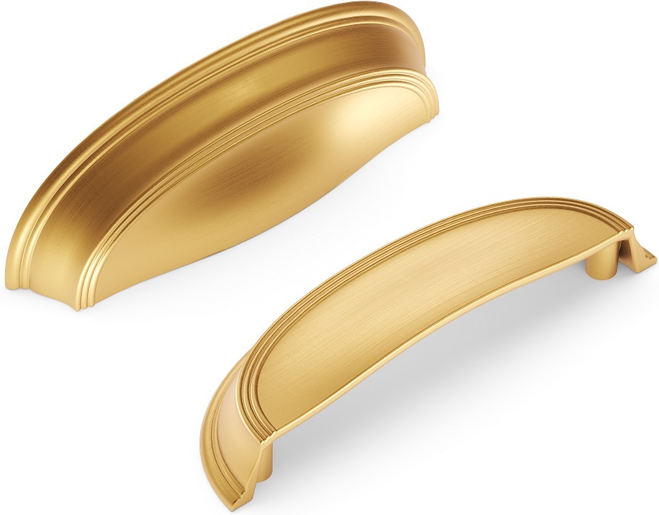 American Diner 3-in or 3-3/4-in , 76mm or 96mm Center to Center Brushed Golden Brass Dual Mount Arch Cup Drawer Pull 10 -Pack