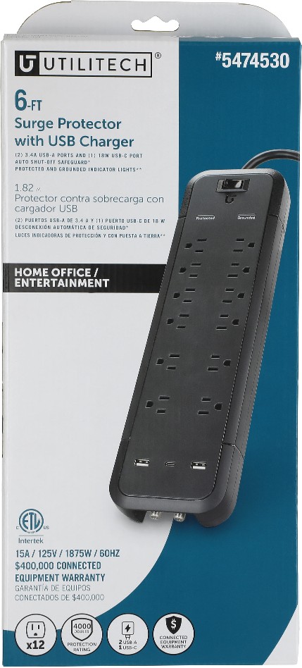 6-ft Surge Protection 12 -Outlet 4000 Joules 1875 -Watts 1100VA Black Indoor USB AC Surge Protector