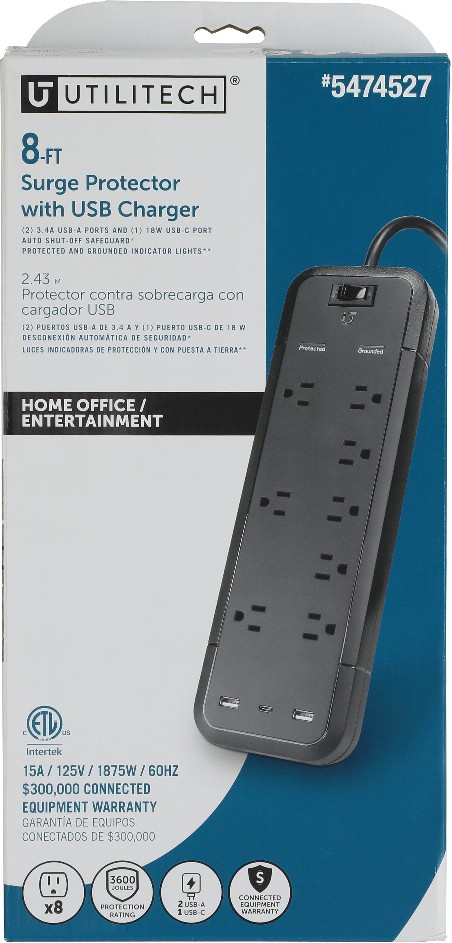 8-ft Surge 8 -Outlet 3600 Joules 1875 -Watts 1000VA Black Indoor USB AC Surge Protector