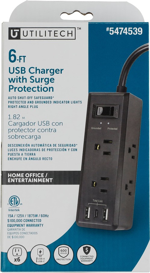 6-ft Surge Protection 6 -Outlet 600 Joules 1875 -Watts 1100VA Black Indoor USB AC Surge Protector