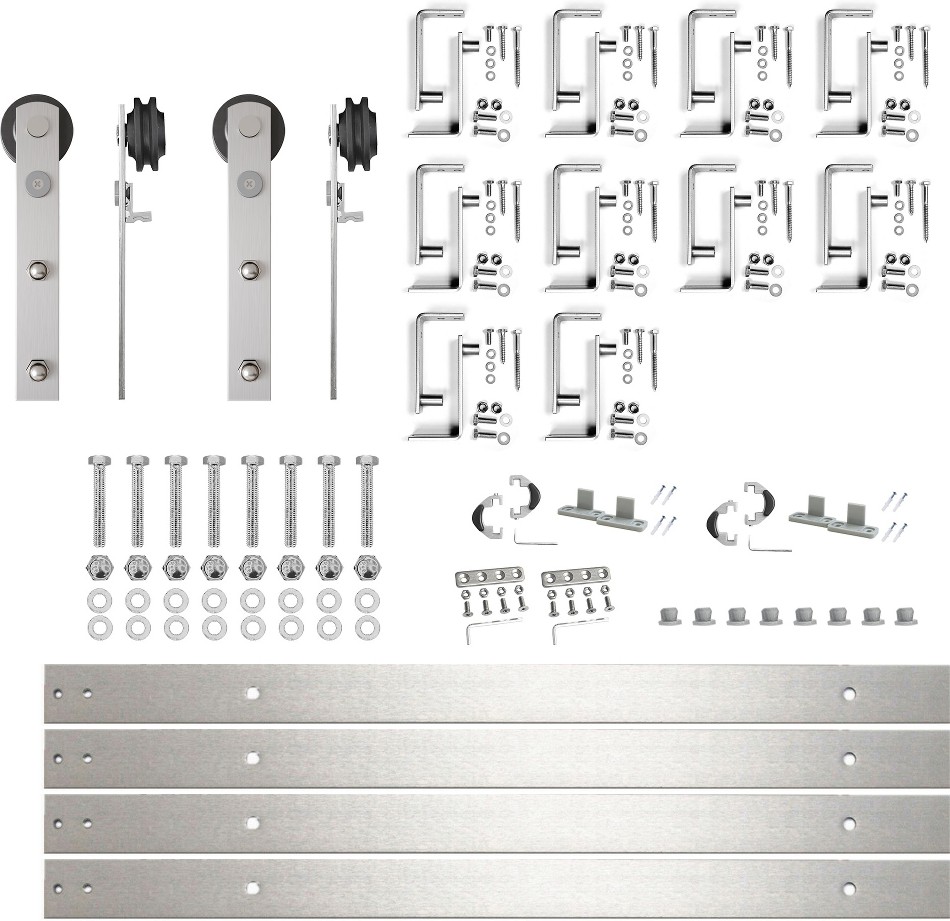 156-in Brushed Brushed Nickel Indoor I-strap Double bypass Barn door hardware kit