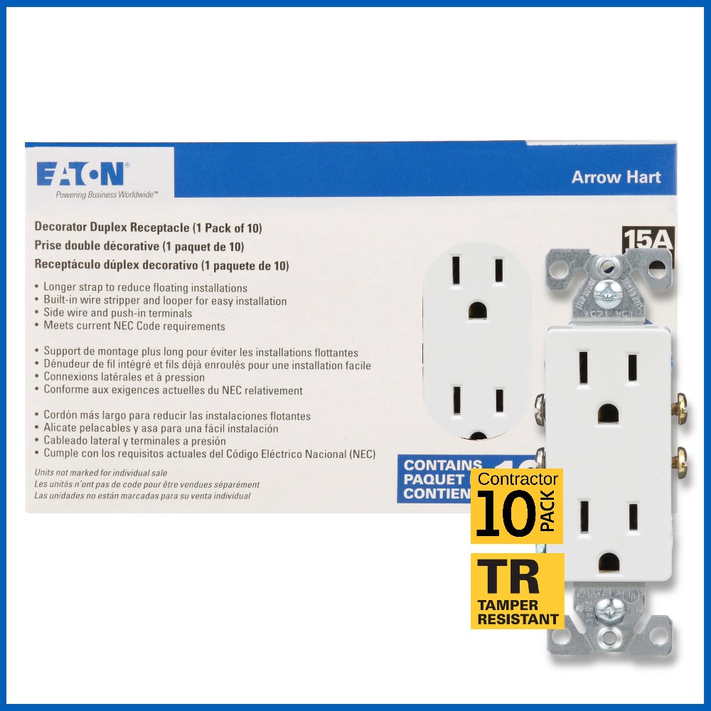 15 -Amp 125-volt Tamper Resistant Residential Decorator Outlet Receptacles , White 10 -Pack